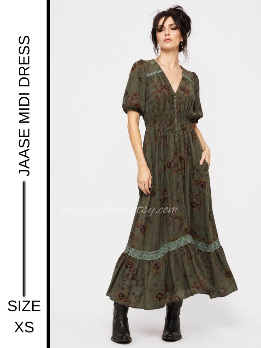 MSRP: $130 ✨ Jaase Olive Floral Button-Front Maxi Dress Size XS | Gothic Fairy ✨
